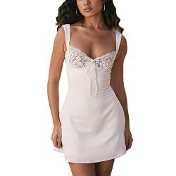 Damen Sexy Low-Cut Minikleid Spaghettiträger Quadratischer Ausschnitt Spitze Patchwork A-Linie Mini Tankkleid Y2K Aushöhlen Cami Kleid (White, S) von PDYLZWZY