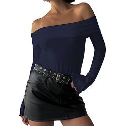 Damen Sexy Off Shoulder Tops Langarm Geraffte Wrap Tee Shirt Bluse Slim Fit Bodycon Cropped Tee Tops 2000s Aesthetic Streetwear (Blue, S) von PDYLZWZY