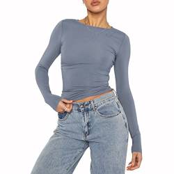 Damen Slim Fit Basic Crop Tops Einfarbig Langarm Rundhals Cropped Tops Pullover Shirt Y2K Streetwear (A-Blue, S) von PDYLZWZY