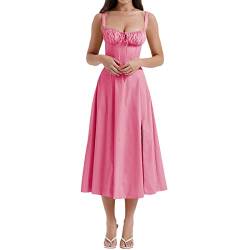 Damen Spaghettiträger Bustier Langes Kleid Viereckiger Ausschnitt Niedrig geschnitten Ärmellos A Line Schlitz Boho Floral Midikleid Spitzenbesatz Korsett Midi Sonnenkleid (Pink, M) von PDYLZWZY