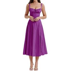 Damen Spaghettiträger Bustier Langes Kleid Viereckiger Ausschnitt Niedrig geschnitten Ärmellos A Line Schlitz Boho Floral Midikleid Spitzenbesatz Korsett Midi Sonnenkleid (Purple, M) von PDYLZWZY