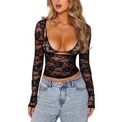 Damen Spitzen-Langarm-Shirt-Oberteil Y2K Slim Fit Blumenstickerei Sheer Mesh Crop Top Sexy Low Cut Durchsichtiges Top T-Shirt Streetwear (Black, L) von PDYLZWZY