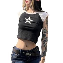 Damen Teenager Mädchen Vintage Ästhetische T-Shirts Shirts Niedliche Grafik Star Print Crop Tops Y2k Fairy Grunge Trendige Kleidung (Black, Large) von PDYLZWZY