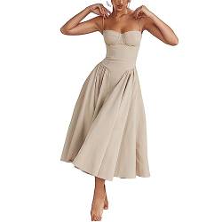 Damen Vintage Korsettkleid Viereckiger Hals Bandage Schlitz Langes Kleid Ärmelloses Spitzenbesatz Swing Elegantes Midi Party Cocktailkleid (Gray, L) von PDYLZWZY