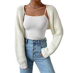 Damen Y2K vorne offen abgeschnitten Strickjacke Langarm solide Farbe gerippt Stricken Shrug Pullover Bolero Tops (White, L) von PDYLZWZY