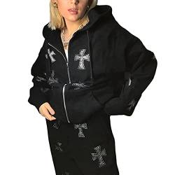Damen Y2k Strass Skeleton Printed Hoodie Zip Up Oversized Gothic Sweatshirt Y2K E-Girl Hipster Jacke Streetwear (A, XL) von PDYLZWZY