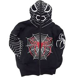 Damen Zip -up -Hoodie Fashion Punk Spider Web Print Sportmantel Hip Hop Joggers Pullover 90er Streetwear Grunge Hoodies Y2K (Black, Small) von PDYLZWZY