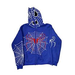 Damen Zip -up -Hoodie Fashion Punk Spider Web Print Sportmantel Hip Hop Joggers Pullover 90er Streetwear Grunge Hoodies Y2K (Blue, Small) von PDYLZWZY