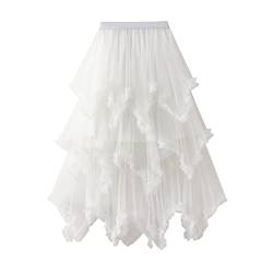 Elastischer Tutu-Tüll-Stufenrock für Damen mit hoher Taille, süßer, geschichteter Midi-Midi-Rock aus Netzstoff mit Rüschen, Rüschenbesatz und Futter (White, One Size) von PDYLZWZY