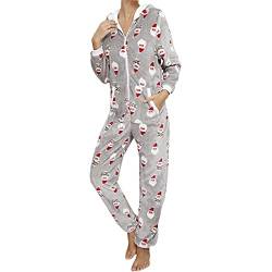 Jumpsuit Damen Overall Winter Kuscheliger Hausanzug One Piece Pyjamas Santa-Muster drucken Weihnachten Einteiler Schlafanzug Strampler mit Kapuze und Reißverschluss (Z10, L) von PDYLZWZY
