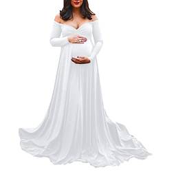 PDYLZWZY Amen Umstandskleid Elegant Langarm V-Ausschnitt Schulterfrei Maxikleid für Fotoshooting Meerjungfrau Bodenlang Langarmkleid Hochzeit (White, Medium) von PDYLZWZY