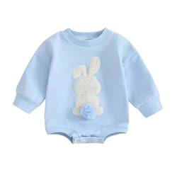 PDYLZWZY Baby Junge Mädchen Ostern Outfit Kaninchen Sweatshirt Overall Langarm Fuzzy Bunny Stickerei Rundhals Strampler (Blue, 6-12 Months) von PDYLZWZY