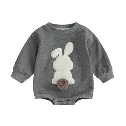 PDYLZWZY Baby Junge Mädchen Ostern Outfit Kaninchen Sweatshirt Overall Langarm Fuzzy Bunny Stickerei Rundhals Strampler (Gray, 0-6 Months) von PDYLZWZY