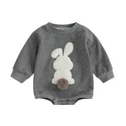 PDYLZWZY Baby Junge Mädchen Ostern Outfit Kaninchen Sweatshirt Overall Langarm Fuzzy Bunny Stickerei Rundhals Strampler (Gray, 6-12 Months) von PDYLZWZY