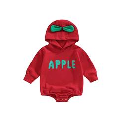 PDYLZWZY Baby Jungen Mädchen Apfel Kostüm Apfel Buchstaben Print Hooded Langarm Kurz Jumpsuit Rompers Herbst Kleidung (Red, 6-12 Months) von PDYLZWZY