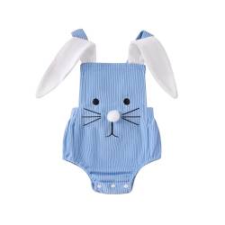 PDYLZWZY Baby-Mädchen-Jungen-Ostern-Strampler, Kaninchen-Stickerei, Hasenohren, Träger, ärmellose Bodys, mein erstes Oster-Baby-Outfit für Mädchen (Blue, 0-3 Months) von PDYLZWZY