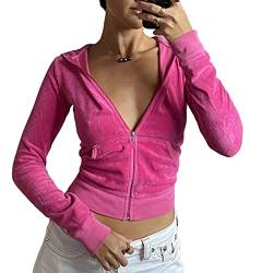 PDYLZWZY Damen 2-teiliges Samt-Trainingsanzug-Set Herz-Print-Langarm-Crop-Reißverschluss-Hoodie und Jogginghose Y2K Trainingsanzug-Set (Rosy Tops#1, L) von PDYLZWZY