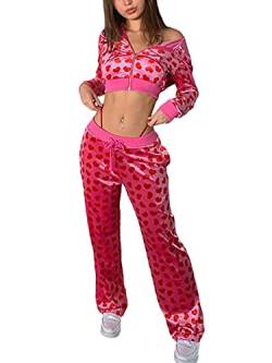 PDYLZWZY Damen 2-teiliges Samt-Trainingsanzug-Set Herz-Print-Langarm-Crop-Reißverschluss-Hoodie und Jogginghose Y2K Trainingsanzug-Set (Roter Hoodie, M) von PDYLZWZY