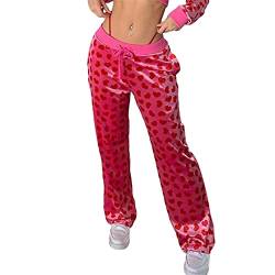 PDYLZWZY Damen 2-teiliges Samt-Trainingsanzug-Set Herz-Print-Langarm-Crop-Reißverschluss-Hoodie und Jogginghose Y2K Trainingsanzug-Set (rote Hosen, S) von PDYLZWZY