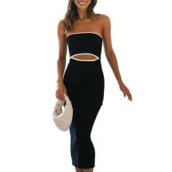 PDYLZWZY Damen Ausschnitt Gestrickte Röhre Midikleid Trägerlos Rückenfrei Gestreift Patchwork Langes Kleid Ausgehöhlt Gerippt Bodycon Bandeau Kleid Y2K Clubwear (Black, S) von PDYLZWZY