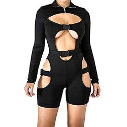 PDYLZWZY Damen Bodycon Jumpsuit mit Schnalle High Neck Strampler Langarm Aushöhlen Kurzer Strampler Clubwear Y2K Streetwear (Schwarz, L) von PDYLZWZY