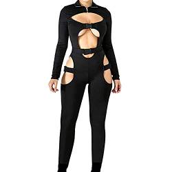 PDYLZWZY Damen Bodycon Jumpsuit mit Schnalle High Neck Strampler Langarm Aushöhlen Kurzer Strampler Clubwear Y2K Streetwear (z5, 2XL) von PDYLZWZY