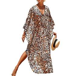 PDYLZWZY Damen Bohemian Kaftan Maxi Loungewear Nachthemd Kimono Oversized Sleepwear Strandkleid Cover ups (Leopard, Einheitsgröße) von PDYLZWZY