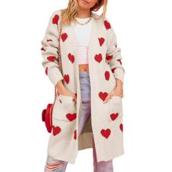 PDYLZWZY Damen-Cardigan zum Valentinstag, Liebesherz, vorne offen, Duster-Pullover mit Taschen, Herzmantel, lässige Strick-Oberbekleidung (Apricot, XL) von PDYLZWZY