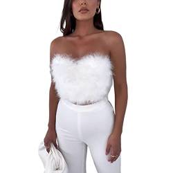 PDYLZWZY Damen Feder Crop Tops Flauschige Kunstpelz trägerlos ärmelloses Rohr Top Camisole für Party Festival Club (White, S) von PDYLZWZY