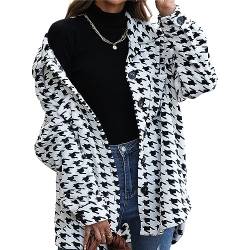 PDYLZWZY Damen Flanell-Fleecejacken Lässige, langärmlige Hemdjacke mit Knopfleiste und Hahnentrittmuster Übergroße Mäntel Y2K karierte Hemdjacke (White, XL) von PDYLZWZY