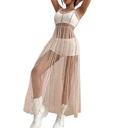 PDYLZWZY Damen Glitter Durchsichtiges Mesh Kleid Strand Bikini Cover Up für Swimwea Clubwear (Skin Pink, L) von PDYLZWZY