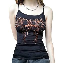 PDYLZWZY Damen Gothic Crop Top Schwarzer Spaghetti-Träger Druck Rückenfrei Mall Goth Punk Cami Vest Club Party Streetwear (Black#1 , S ) von PDYLZWZY