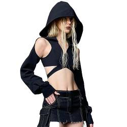 PDYLZWZY Damen Gothic Punk Hoodies Bandage Crop Tops Langarm Ausschnitt Pullover Sweatshirt für Rave Festivals Streetwear (Black, S) von PDYLZWZY