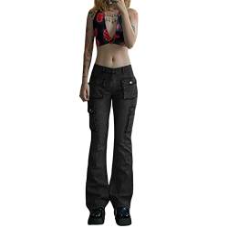 PDYLZWZY Damen High Waisted Flare Pants Wide Leg Denim Jeans Lose Baggy Cargo Mit Pattentaschen Y2K E-Girl Streetwear (w1, M) von PDYLZWZY