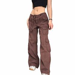 PDYLZWZY Damen Mädchen hohe Taille Cargo Hose gerade weites Bein Baggy Jeans Y2K Gothic Denim Hose Streetwear mit Taschen (B, L) von PDYLZWZY