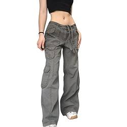 PDYLZWZY Damen Mädchen hohe Taille Cargo Hose gerade weites Bein Baggy Jeans Y2K Gothic Denim Hose Streetwear mit Taschen (Gray, L) von PDYLZWZY