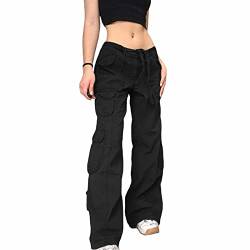 PDYLZWZY Damen Mädchen hohe Taille Cargo Hose gerade weites Bein Baggy Jeans Y2K Gothic Denim Streetwear mit Taschen (A, M) von PDYLZWZY