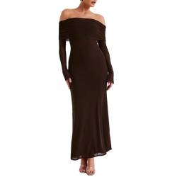 PDYLZWZY Damen-Maxi-Kleid, schulterfrei, figurbetont, langärmelig, gerüscht, tailliert, Club-Kleider, durchsichtiges Netz, schmales langes Kleid (Coffee, S) von PDYLZWZY