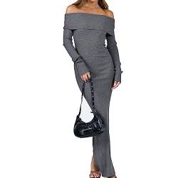 PDYLZWZY Damen Off Shoulder Pullover Kleid Langarm Bodycon Split Langes Kleid Herbst Rippenstrick Bleistift Maxikleider (Gray, S) von PDYLZWZY