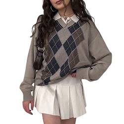 PDYLZWZY Damen Oversized Strickpullover Argyle Preppy Sweater Tops Y2K Pullover Pullover für Teen Girls Streetwear (A, M) von PDYLZWZY