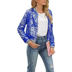 PDYLZWZY Damen Pailletten Langarm Front Zip Jacke mit gerippten Manschetten Sparkly Zip Up Pailletten Bomberjacke Mantel (Blue, S) von PDYLZWZY