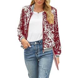 PDYLZWZY Damen Pailletten Langarm Front Zip Jacke mit gerippten Manschetten Sparkly Zip Up Pailletten Bomberjacke Mantel (Red, XL) von PDYLZWZY