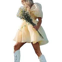 PDYLZWZY Damen Puffy Sleeve Ballkleider Tüll Abendkleid Quadratischer Kragen Rüschen Prinzessin Ballkleid Minikleid (Gelb, L) von PDYLZWZY