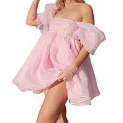 PDYLZWZY Damen Puffy Sleeve Ballkleider Tüll Abendkleid Quadratischer Kragen Rüschen Prinzessin Ballkleid Minikleid (Rosa, M) von PDYLZWZY