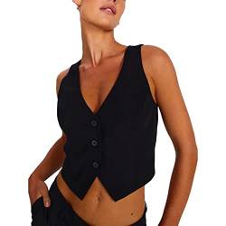 PDYLZWZY Damen Regular Fitted Vest Business Dress Anzüge Ärmelloser V-Ausschnitt Knopfleiste Asymmetrischer Saum Weste Weste Gilet (Black, L) von PDYLZWZY