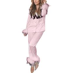 PDYLZWZY Damen Seide Pyjama Sets Langarm Revers Knopf unten Tasche Tops Capri Hosen Feder Saum Blazer Set Loungewear (Pink, L) von PDYLZWZY