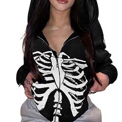 PDYLZWZY Damen Skelett drucken überdimensioniert Zip Up Hoodie Sweatshirt Teen Mädchen Langarm Y2k Gothic Harajuku Pullover (Schwarz, L) von PDYLZWZY