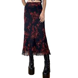 PDYLZWZY Damen Y2K Hohe Taille Midi Rock Flroal Print Vintage Mesh Tiered Long Pencil Skirt Grunge Fairycore Streetwear (Schwarz, S) von PDYLZWZY