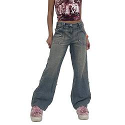 PDYLZWZY Damen Y2K Low Rise Straight Wide Leg Hose Ästhetische Baggy Pants Grunge Denim Schlaghose Harajuku Flare Jeans (z5, S) von PDYLZWZY