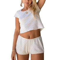 PDYLZWZY Damen Y2K Shorts Set Herzdruck Schlafanzug Set ärmellos V-Ausschnitt Cami Tops und Shorts Set Sommer Loungewear Streetwear (White#1, S) von PDYLZWZY